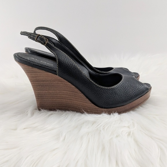 Aldo | Black Leather Wooden Heel Peep Toe Sz 10 - Picture 3 of 7